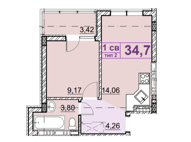 ЖК Идея: планировка 1-комнатной квартиры 34.7 м²
