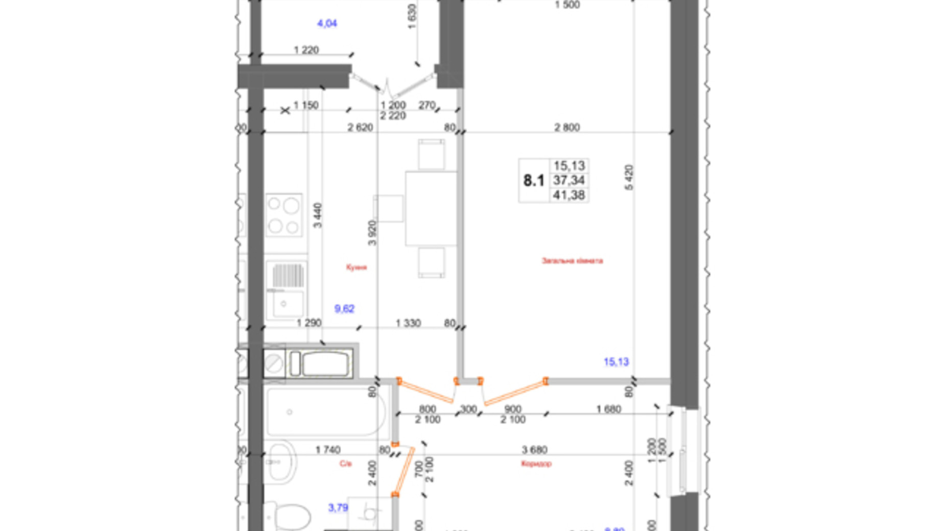 Планировка 1-комнатной квартиры в ЖК Атлант 41.38 м², фото 317660