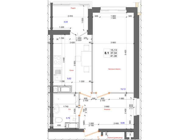 ЖК Атлант: планировка 1-комнатной квартиры 41.38 м²