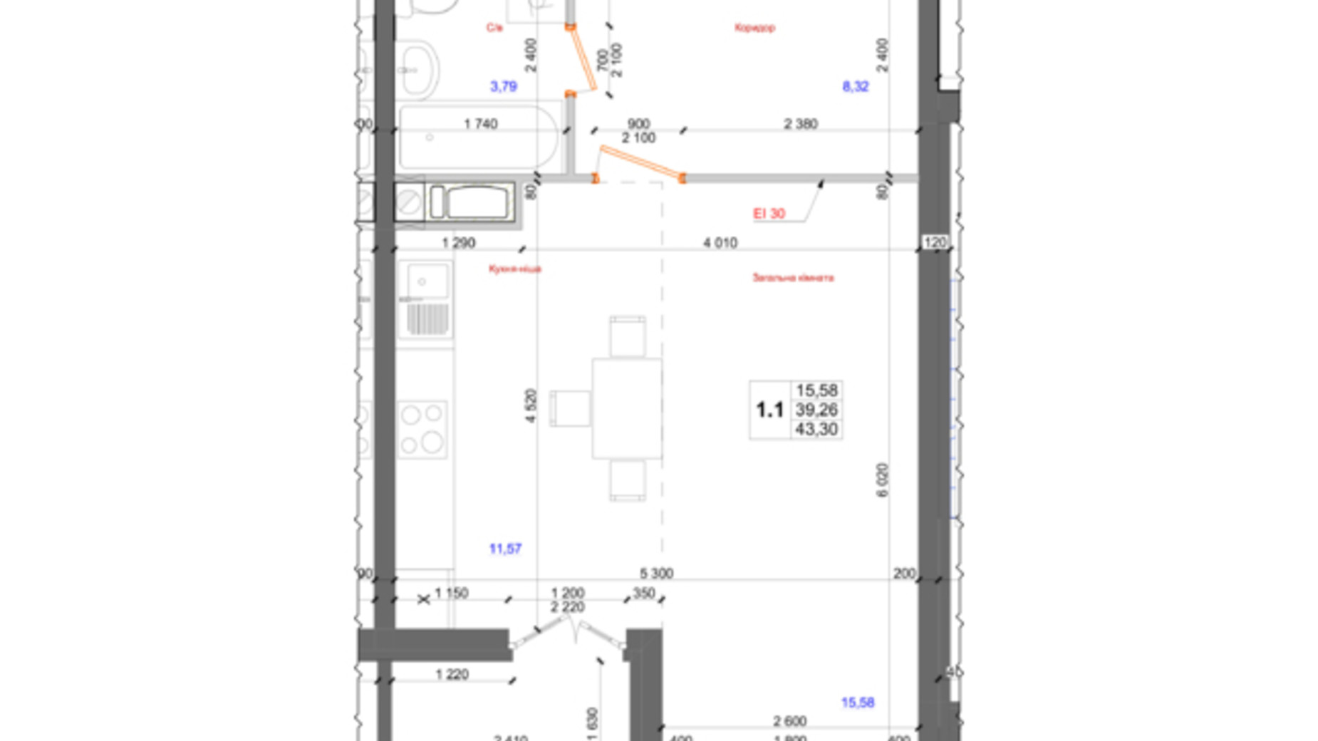 Планировка 1-комнатной квартиры в ЖК Атлант 43.3 м², фото 317661