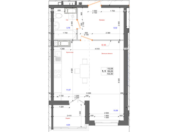 ЖК Атлант: планировка 1-комнатной квартиры 43.3 м²