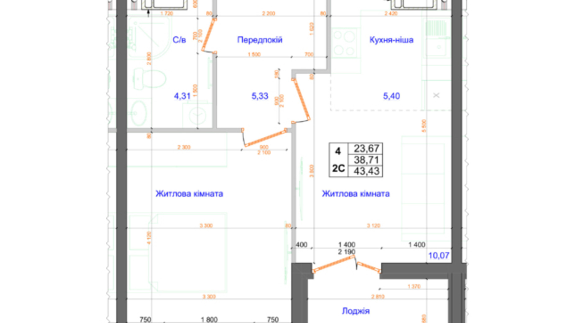 Планировка 2-комнатной квартиры в ЖК Атлант 43.43 м², фото 317663