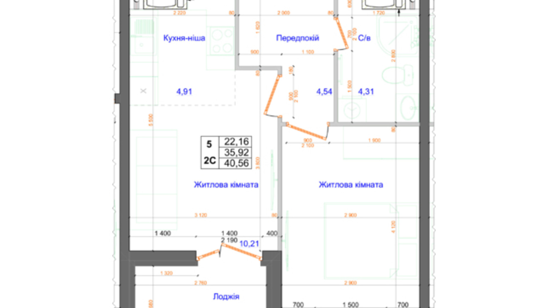 Планування 2-кімнатної квартири в ЖК Атлант 40.56 м², фото 317664