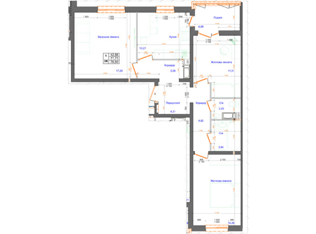 ЖК Атлант: планування 3-кімнатної квартири 76.6 м²