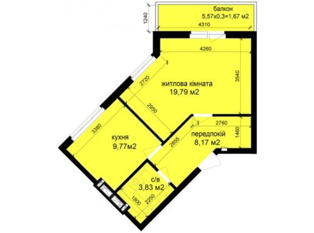 ЖК Кришталеві джерела: планировка 1-комнатной квартиры 43.9 м²