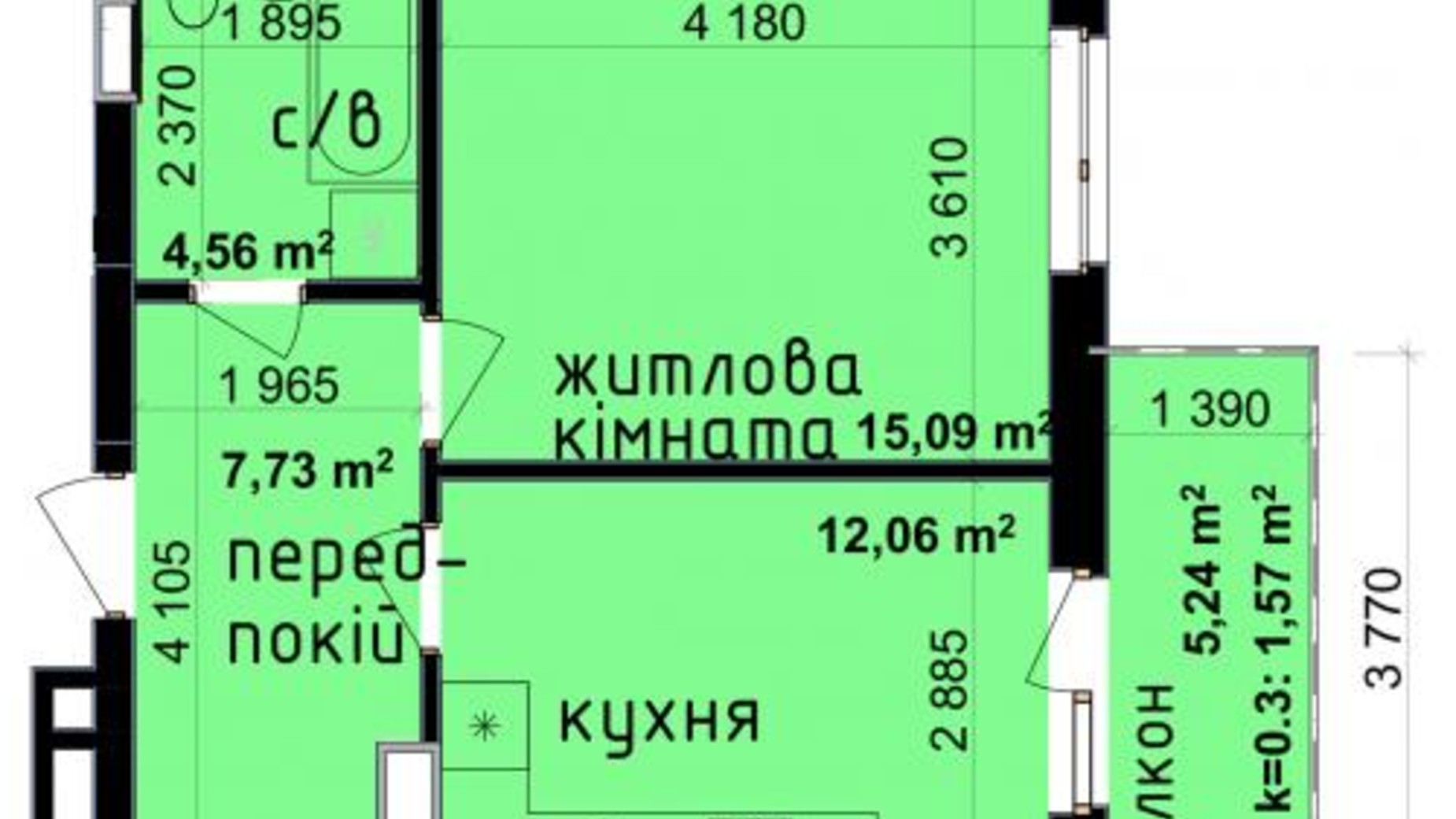 Планування 1-кімнатної квартири в ЖК Кришталеві джерела 41.01 м², фото 317692