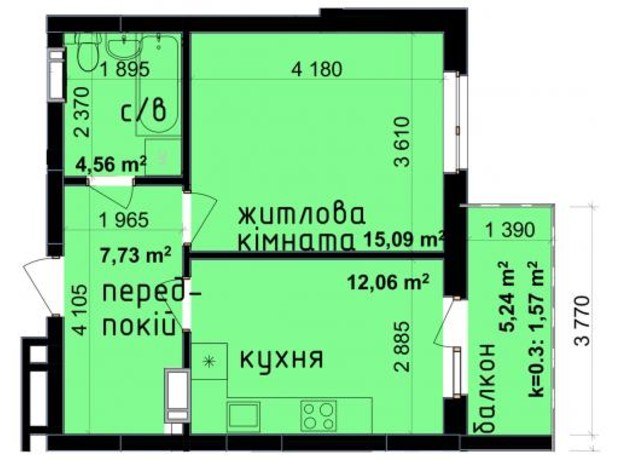 ЖК Кришталеві джерела: планировка 1-комнатной квартиры 41.01 м²