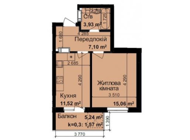 ЖК Кришталеві джерела: планировка 1-комнатной квартиры 39.81 м²