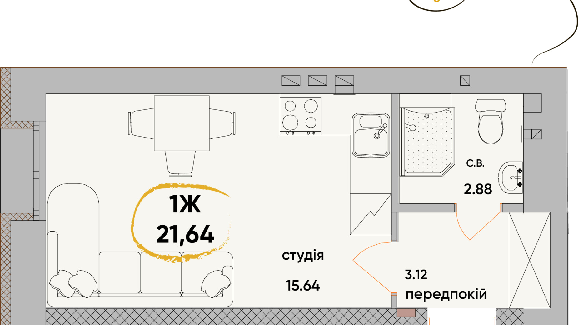 Планування 1-кімнатної квартири в ЖК Сontinent RAY 21.64 м², фото 317720