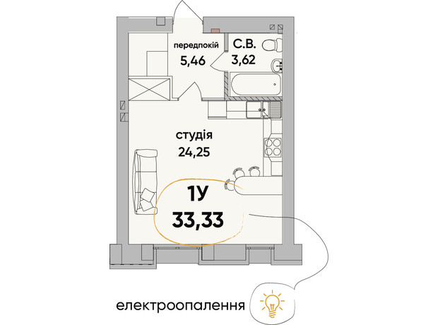 ЖК Сontinent RAY: планировка 1-комнатной квартиры 33.33 м²