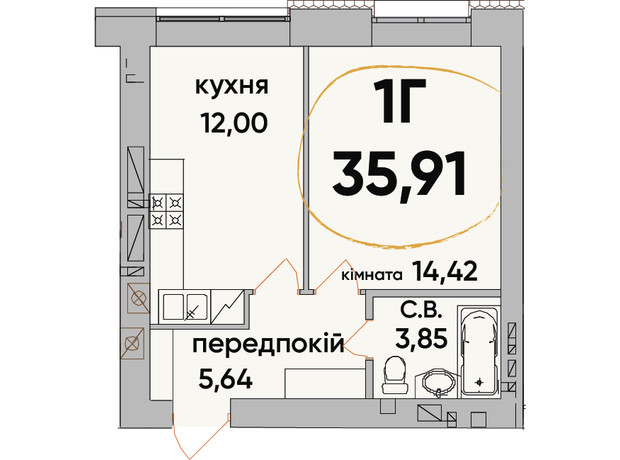 ЖК Сontinent RAY: планування 1-кімнатної квартири 35.91 м²