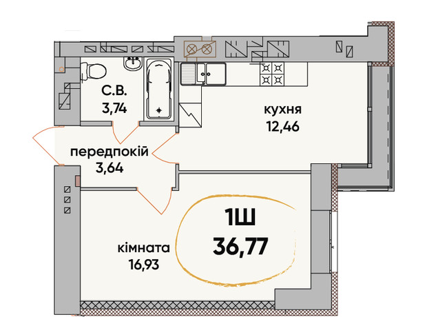 ЖК Сontinent RAY: планування 1-кімнатної квартири 36.77 м²