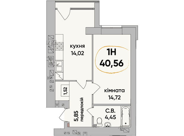 ЖК Сontinent RAY: планування 1-кімнатної квартири 40.56 м²