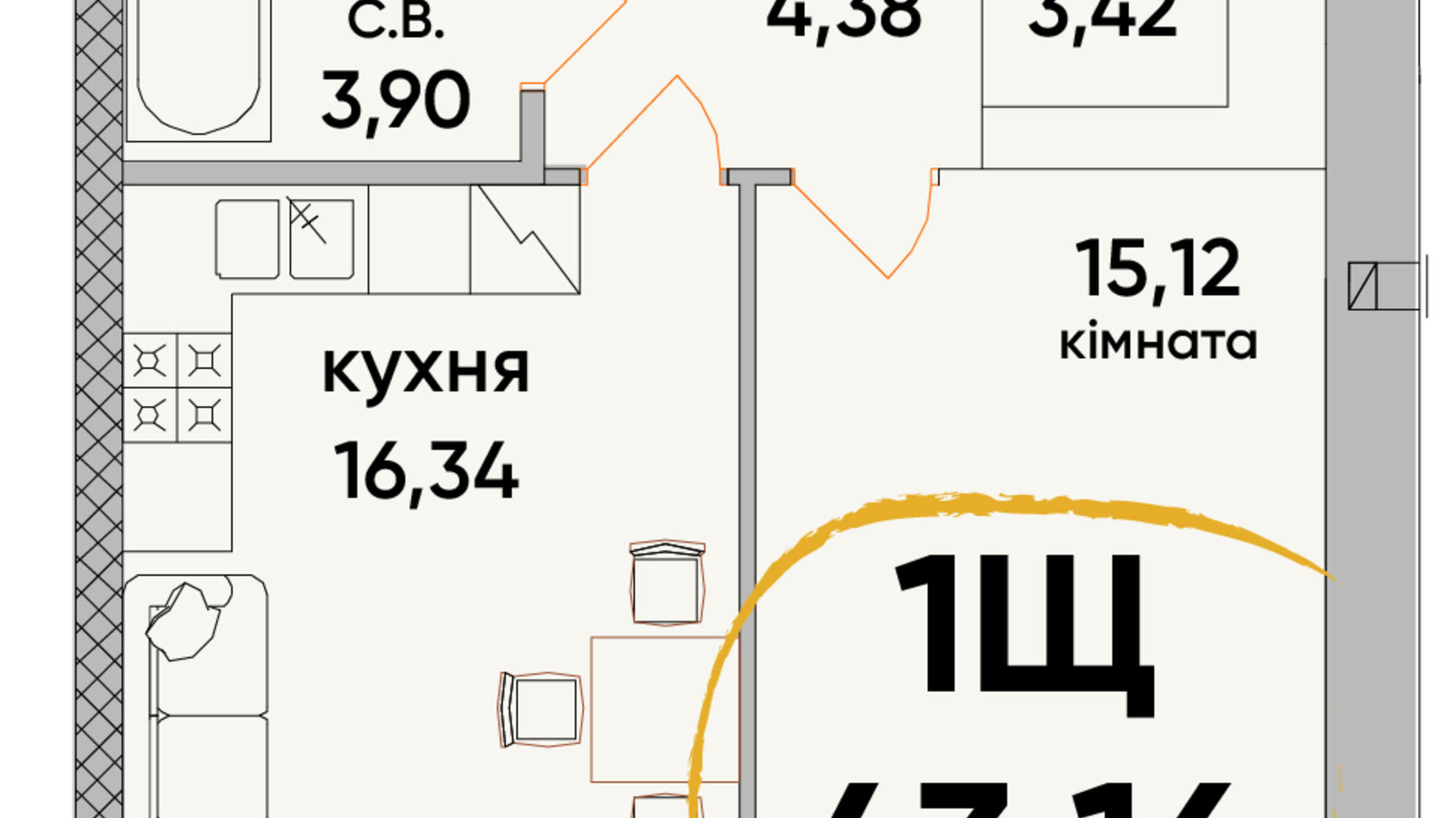 Планування 1-кімнатної квартири в ЖК Сontinent RAY 43.16 м², фото 317730