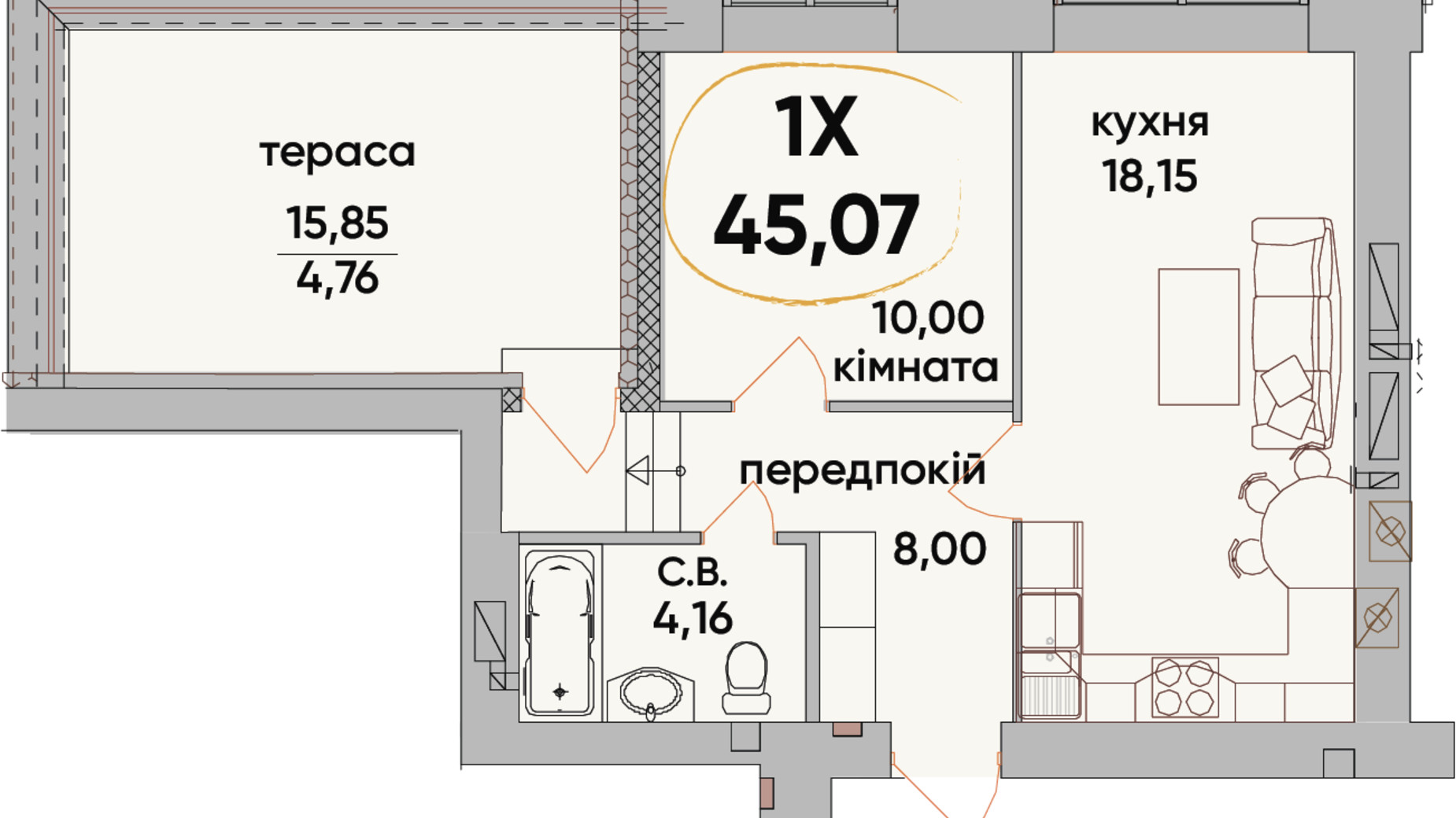 Планировка 1-комнатной квартиры в ЖК Сontinent RAY 45.07 м², фото 317731