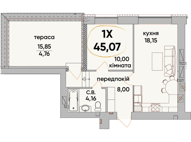 ЖК Сontinent RAY: планування 1-кімнатної квартири 45.07 м²