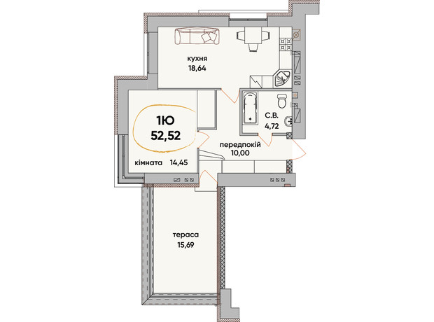 ЖК Сontinent RAY: планування 1-кімнатної квартири 52.52 м²