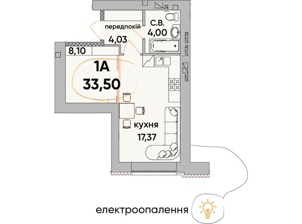 ЖК Сontinent RAY: планування 1-кімнатної квартири 33.5 м²