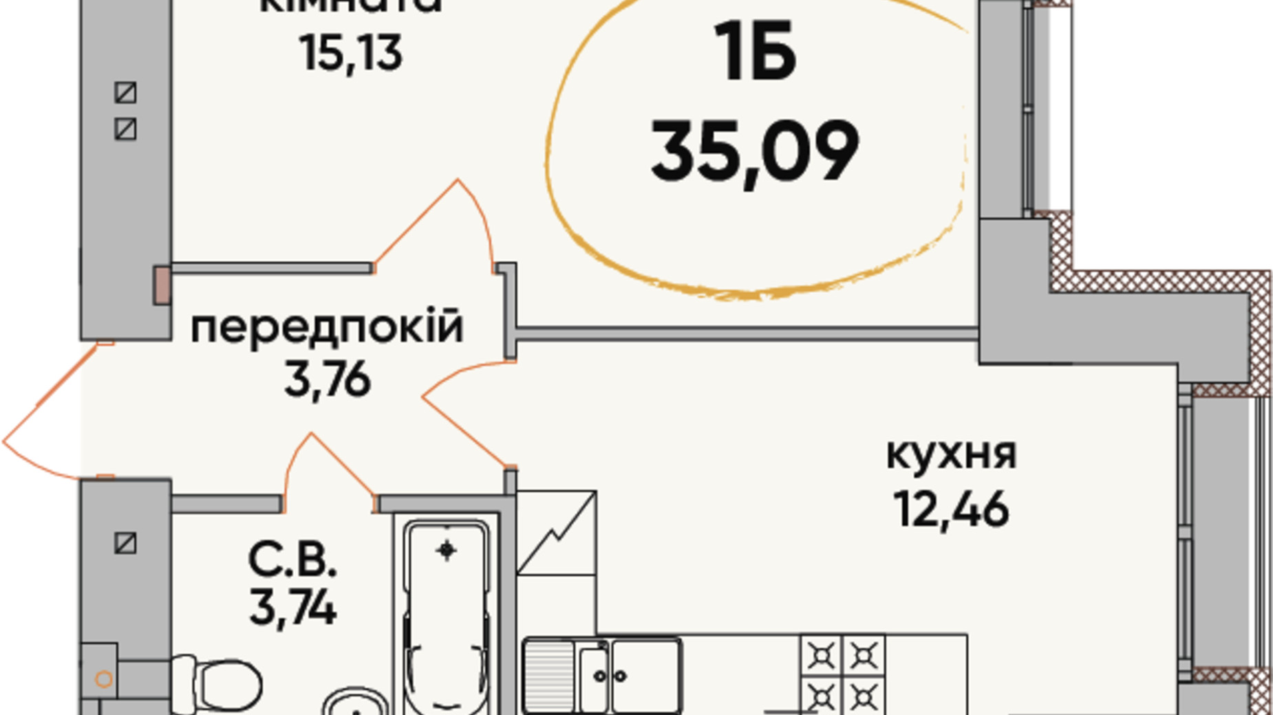 Планування 1-кімнатної квартири в ЖК Сontinent RAY 35.09 м², фото 317737