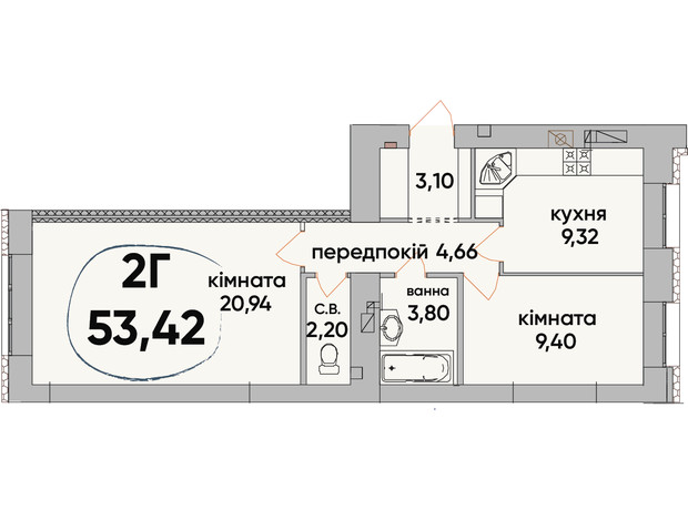 ЖК Сontinent RAY: планування 2-кімнатної квартири 53.42 м²