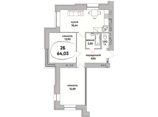 ЖК Сontinent RAY: планування 2-кімнатної квартири 64.03 м²