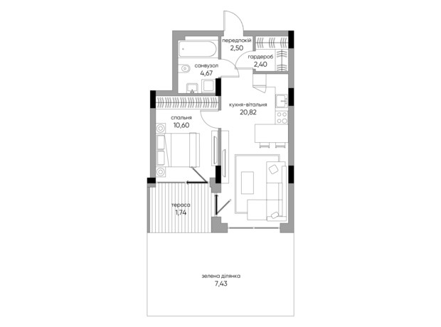 ЖК Park Lake City Vita: планування 1-кімнатної квартири 51.66 м²