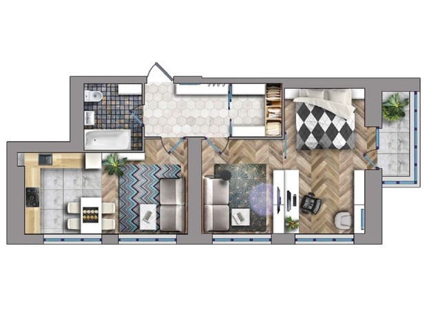 ЖК на Масанах: планировка 2-комнатной квартиры 64.12 м²