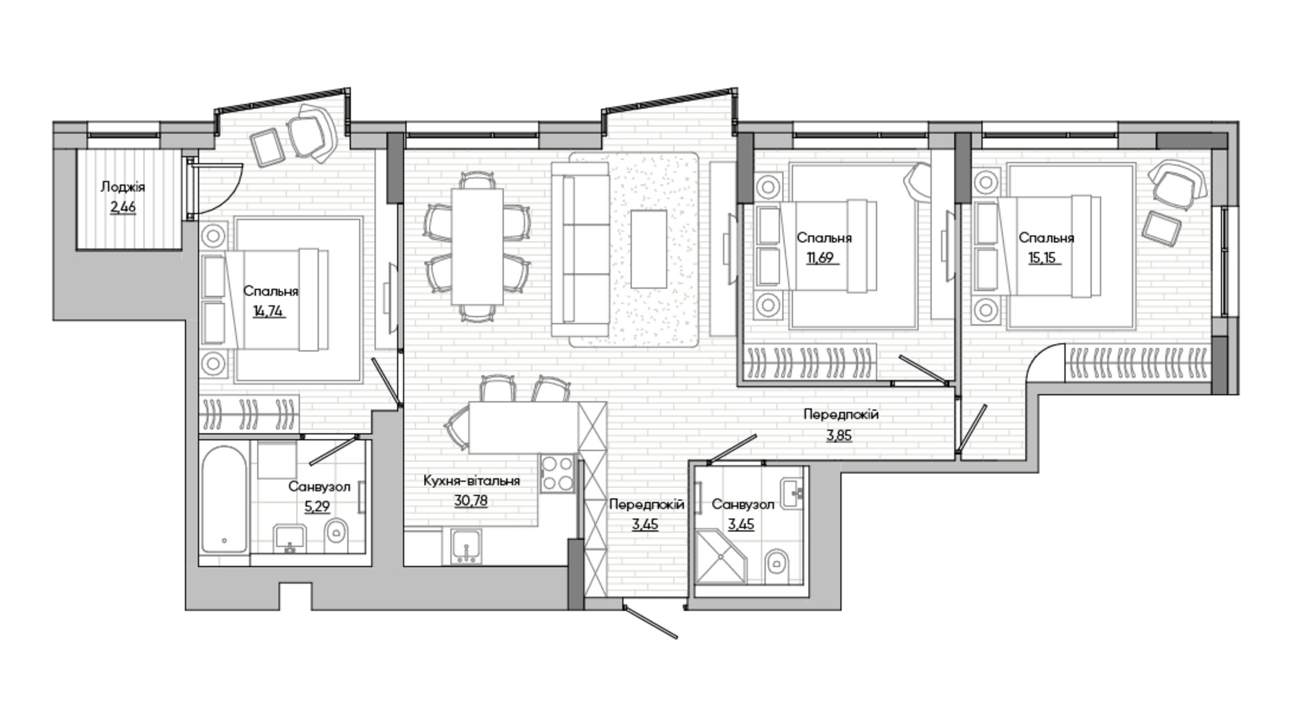 Планування 3-кімнатної квартири в ЖК Lucky Land 80.52 м², фото 318230