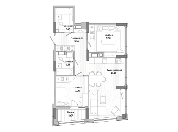 ЖК Lucky Land: планування 2-кімнатної квартири 68.96 м² ЖК Lucky Land: планування 2-кімнатної квартири 68.96 м²