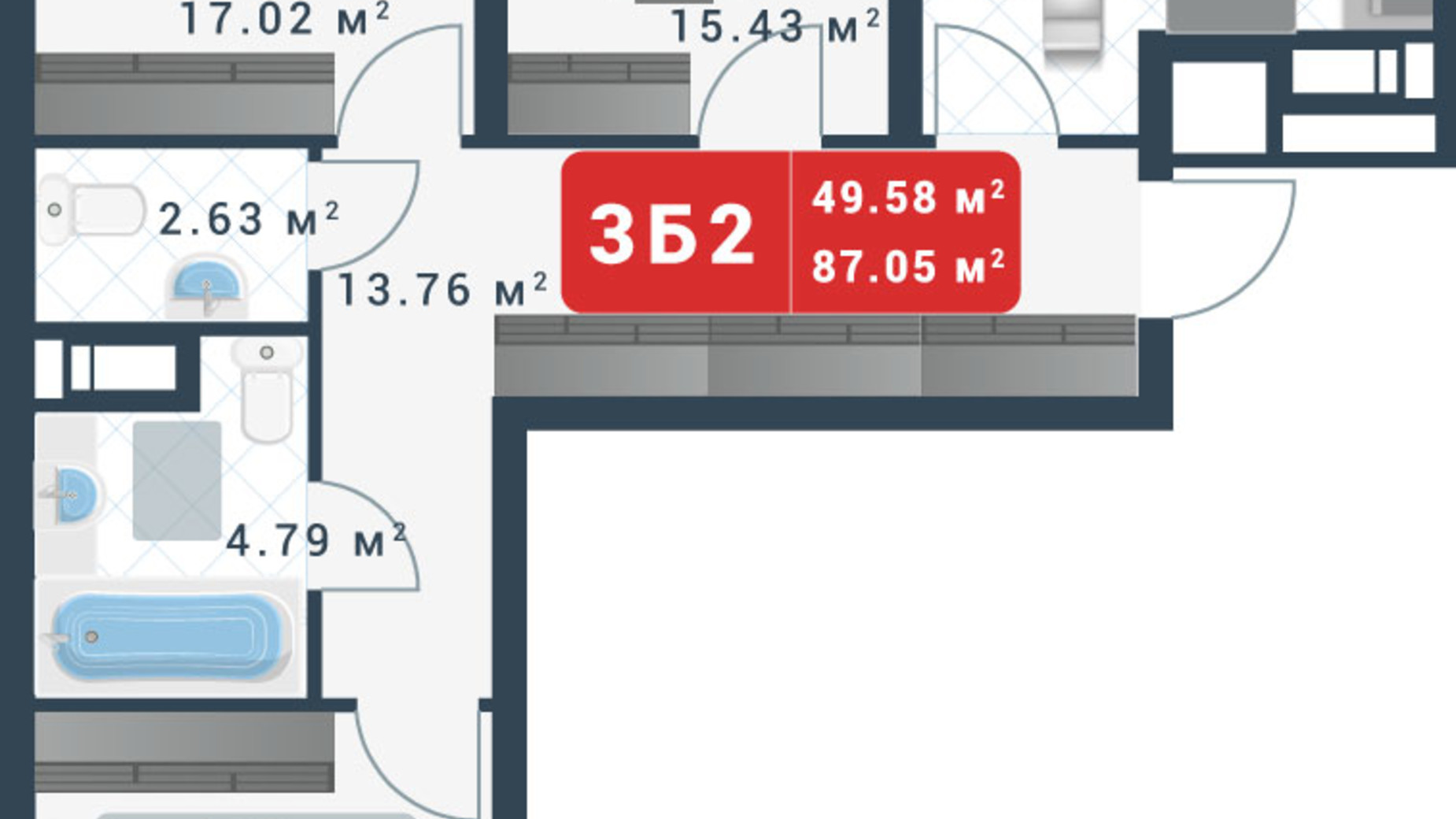 Планировка 3-комнатной квартиры в ЖК Причал 8 87.05 м², фото 318333