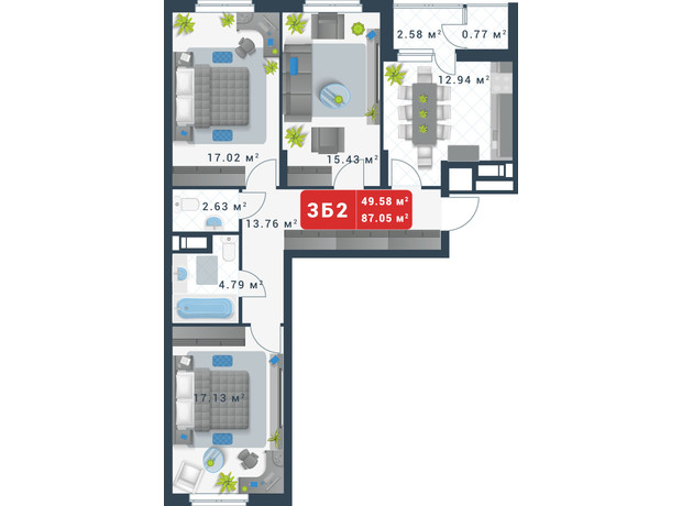 ЖК Причал 8: планировка 3-комнатной квартиры 87.05 м²