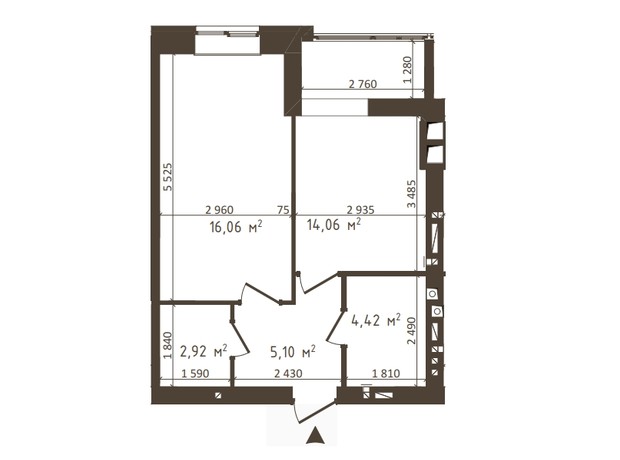 ЖК Одеська Чайка: планування 1-кімнатної квартири 42.56 м²