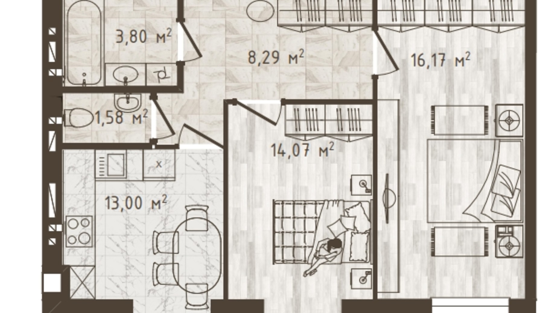 Планировка 2-комнатной квартиры в ЖК Одесская Чайка 56.91 м², фото 318528