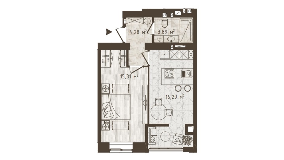 Планировка 1-комнатной квартиры в ЖК Одесская Чайка 39.77 м², фото 318529