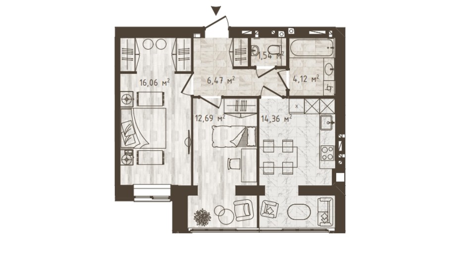 Планировка 2-комнатной квартиры в ЖК Одесская Чайка 55.24 м², фото 318530