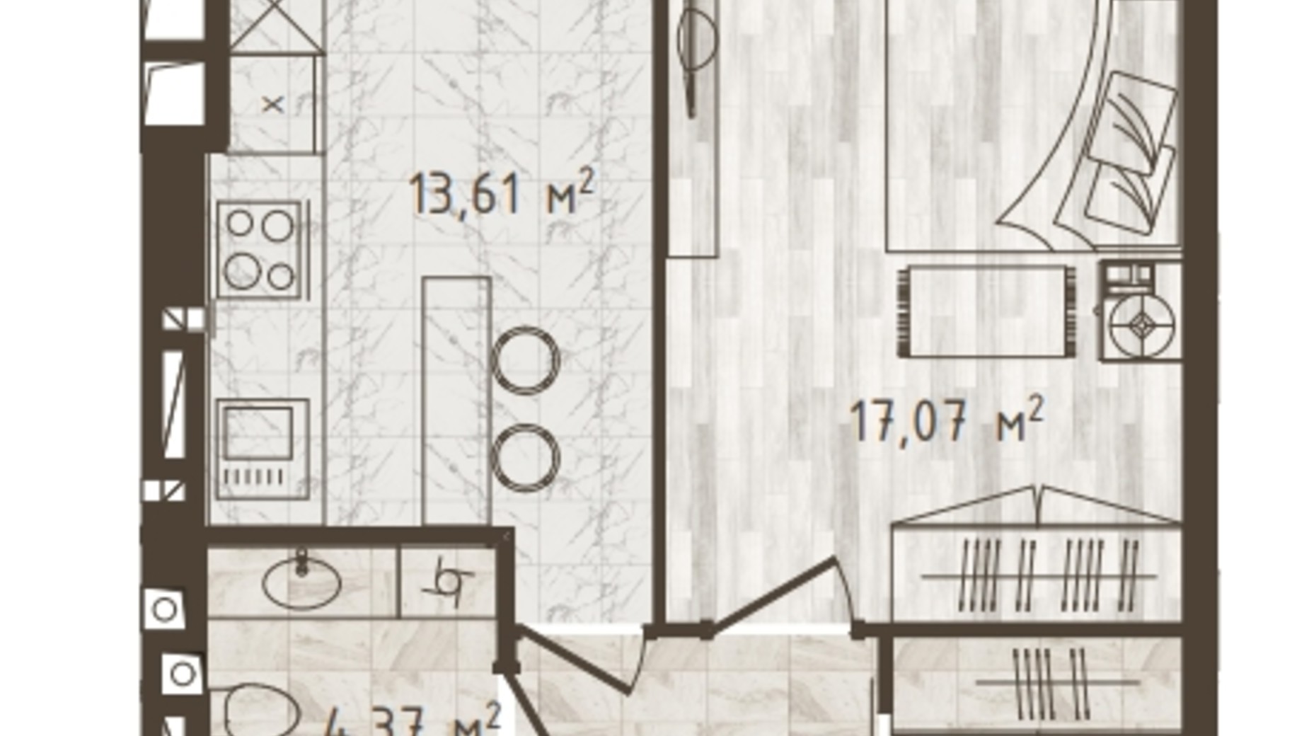 Планування 1-кімнатної квартири в ЖК Одеська Чайка 42.63 м², фото 318532