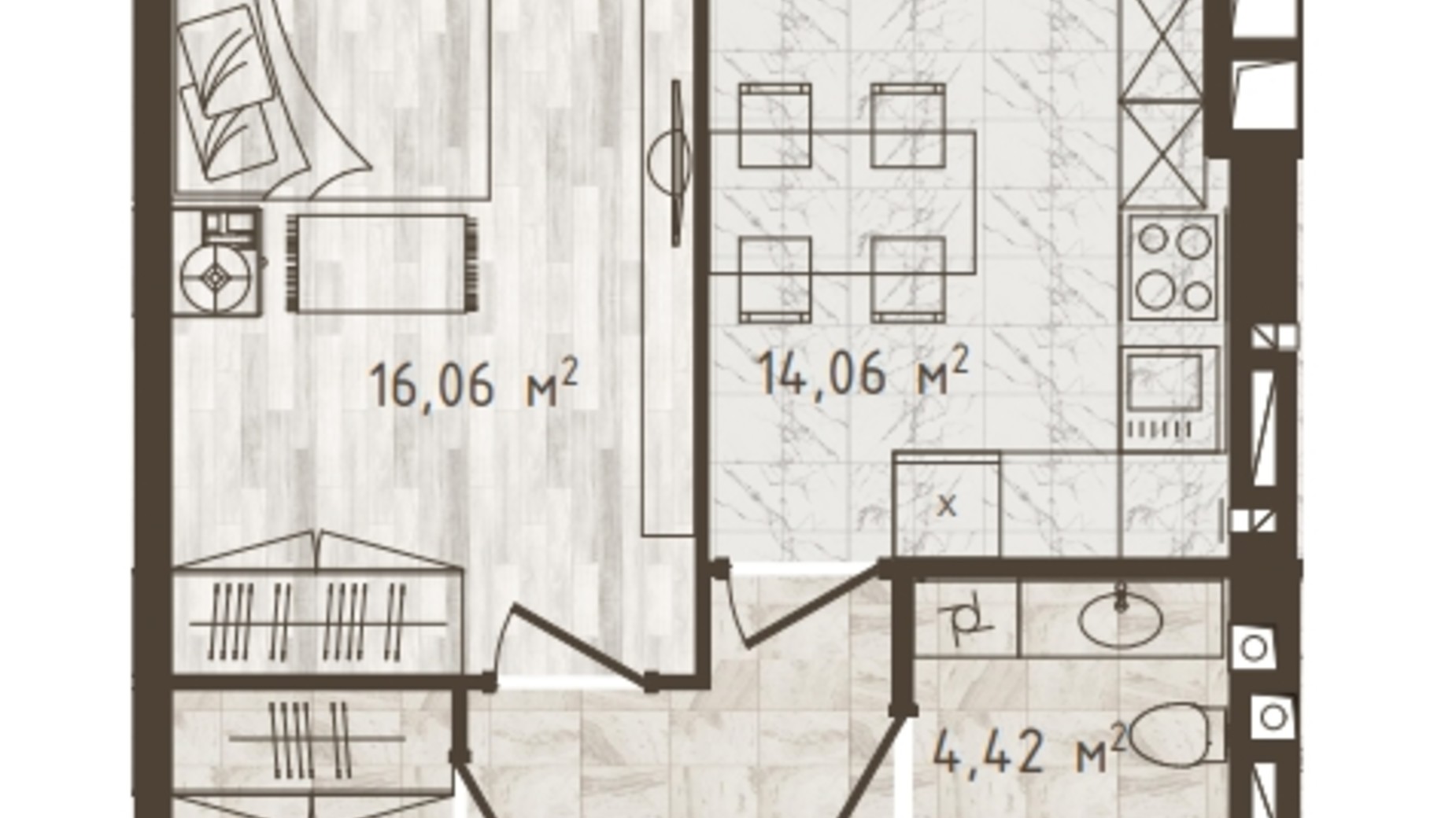 Планування 1-кімнатної квартири в ЖК Одеська Чайка 42.56 м², фото 318534