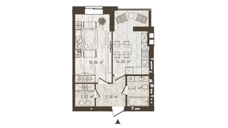Планування 1-кімнатної квартири в ЖК Одеська Чайка 42.56 м², фото 318534