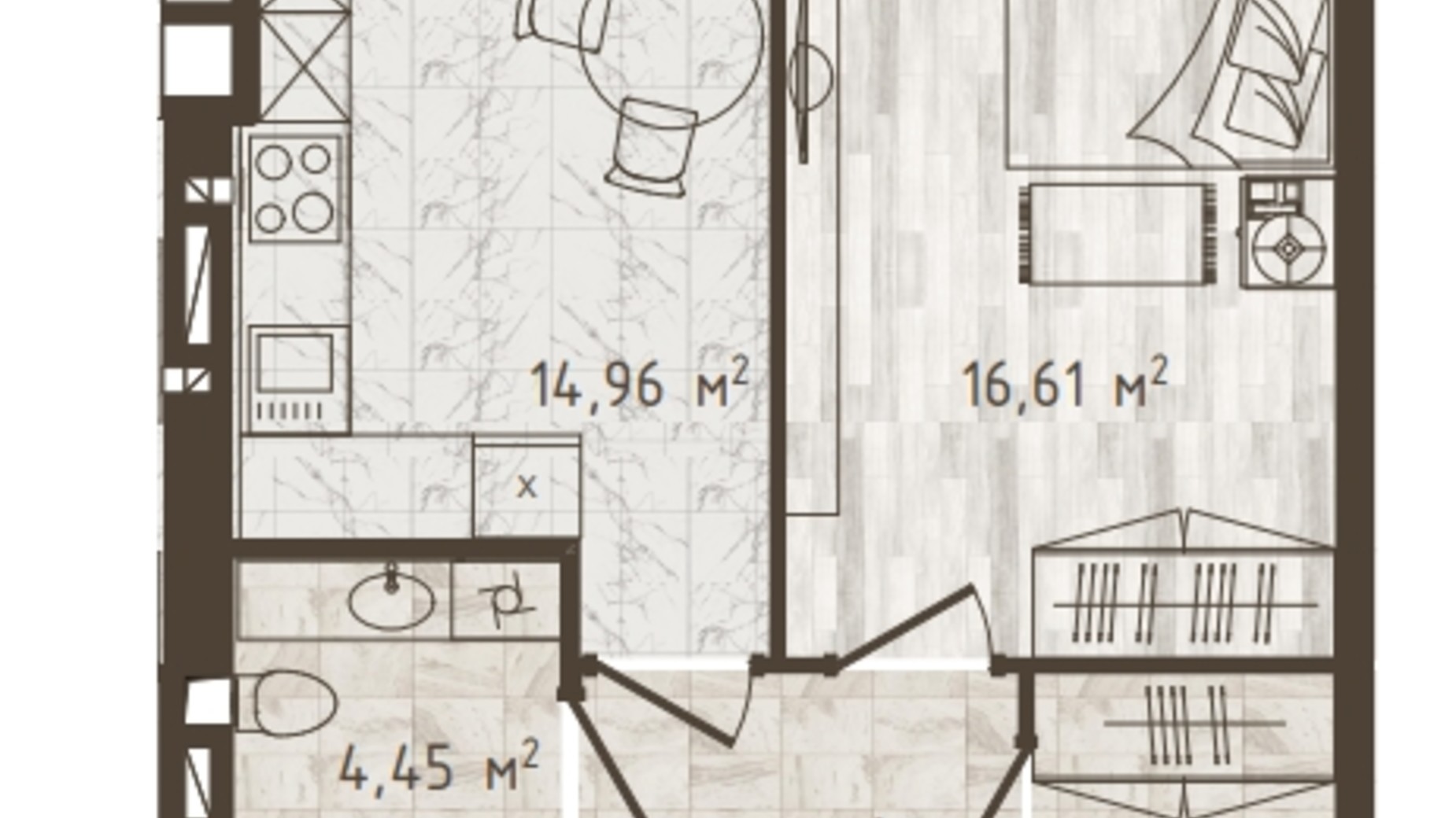 Планування 1-кімнатної квартири в ЖК Одеська Чайка 43.49 м², фото 318536