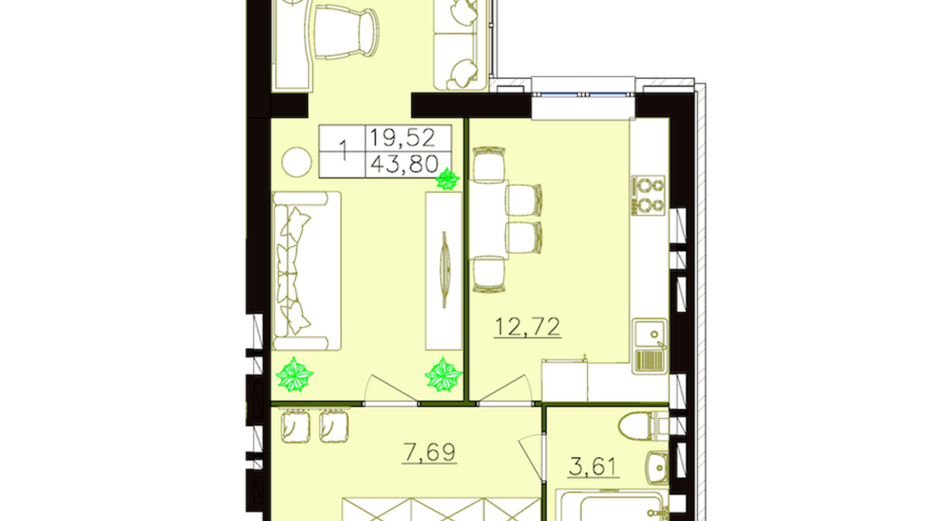 Планировка 1-комнатной квартиры в ЖК Форрест 42.86 м², фото 318572