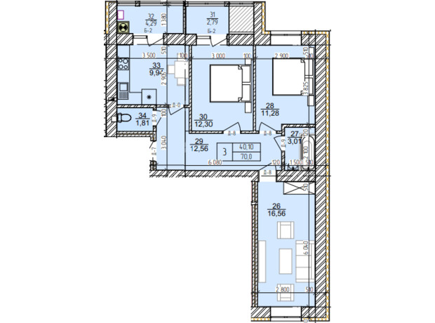 ЖК Болгарский: планировка 3-комнатной квартиры 70 м²