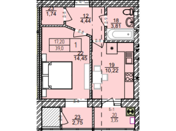 ЖК Болгарский: планировка 1-комнатной квартиры 39 м²