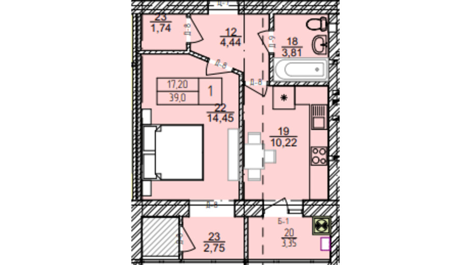 Планировка 1-комнатной квартиры в ЖК Болгарский 39 м², фото 318805