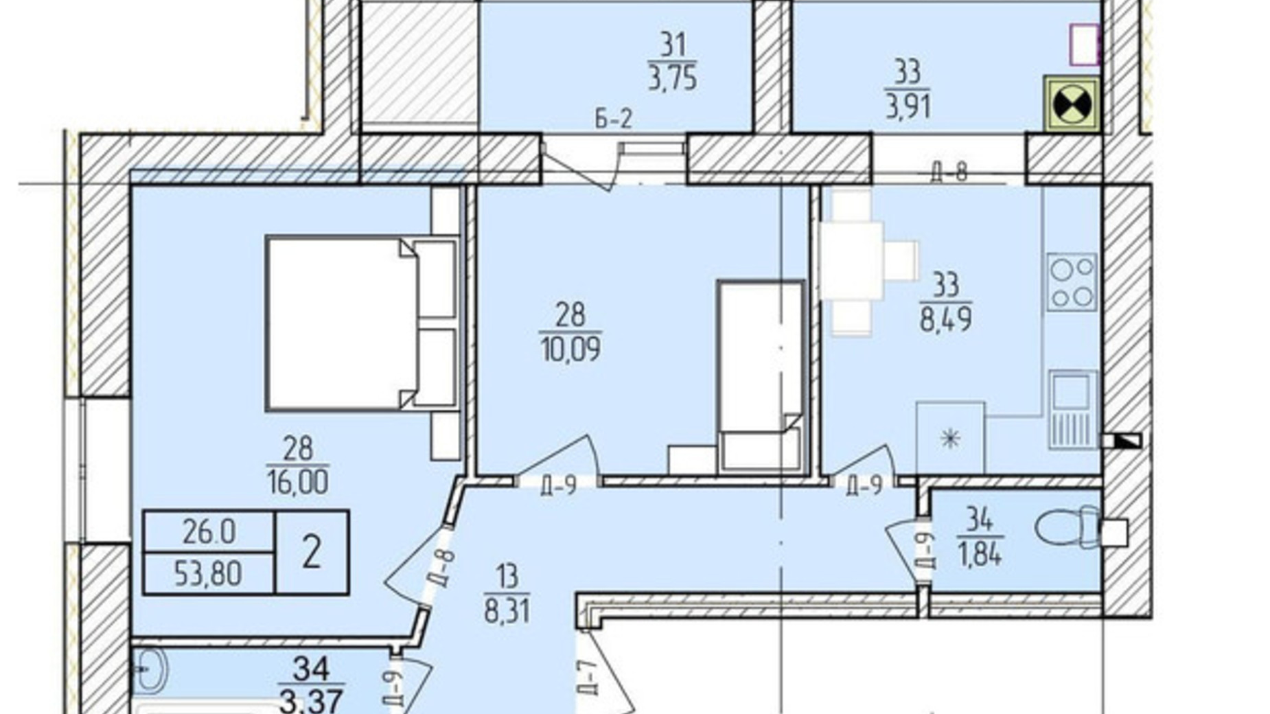 Планування 2-кімнатної квартири в ЖК Болгарський 53.8 м², фото 318806