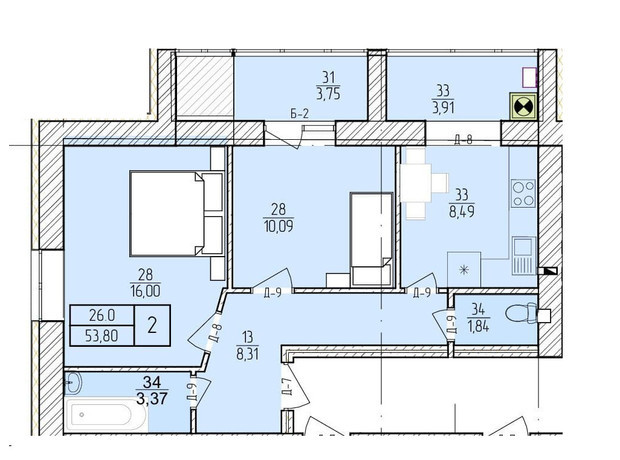 ЖК Болгарский: планировка 2-комнатной квартиры 53.8 м²