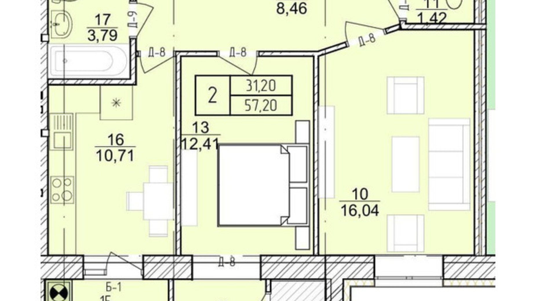 Планировка 2-комнатной квартиры в ЖК Болгарский 57.2 м², фото 318807