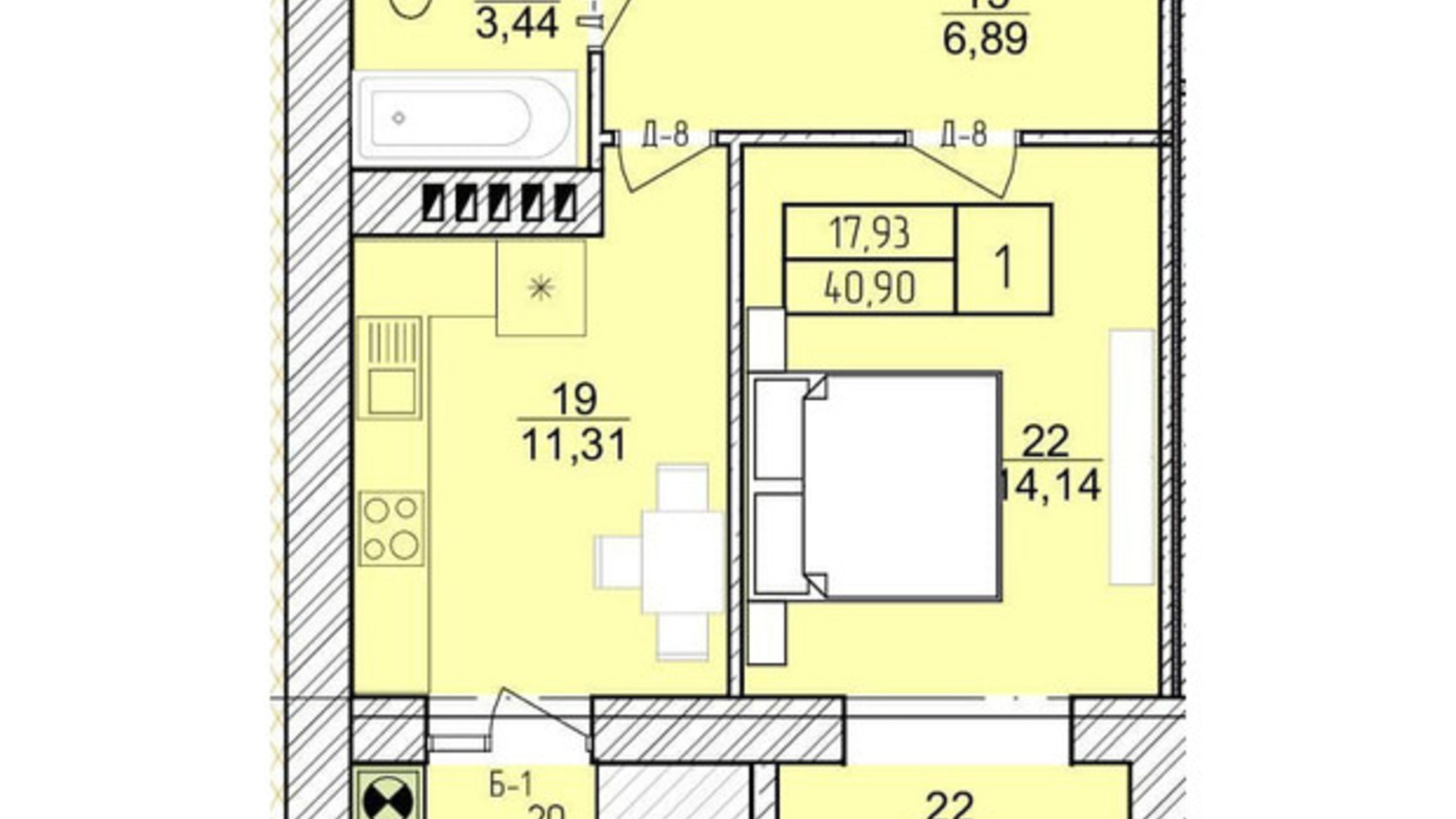 Планировка 1-комнатной квартиры в ЖК Болгарский 40.9 м², фото 318808