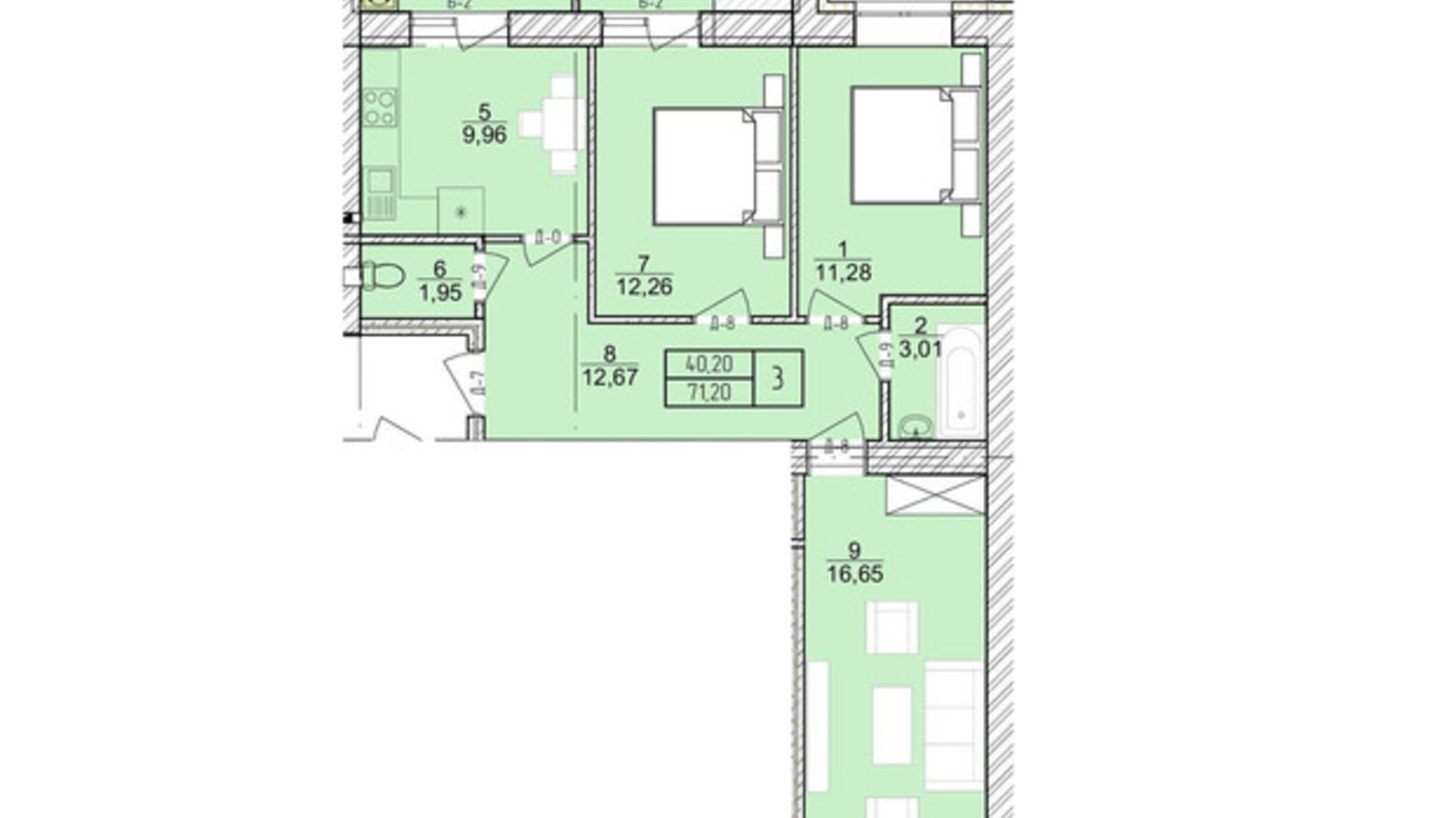 Планування 3-кімнатної квартири в ЖК Болгарський 71.2 м², фото 318809