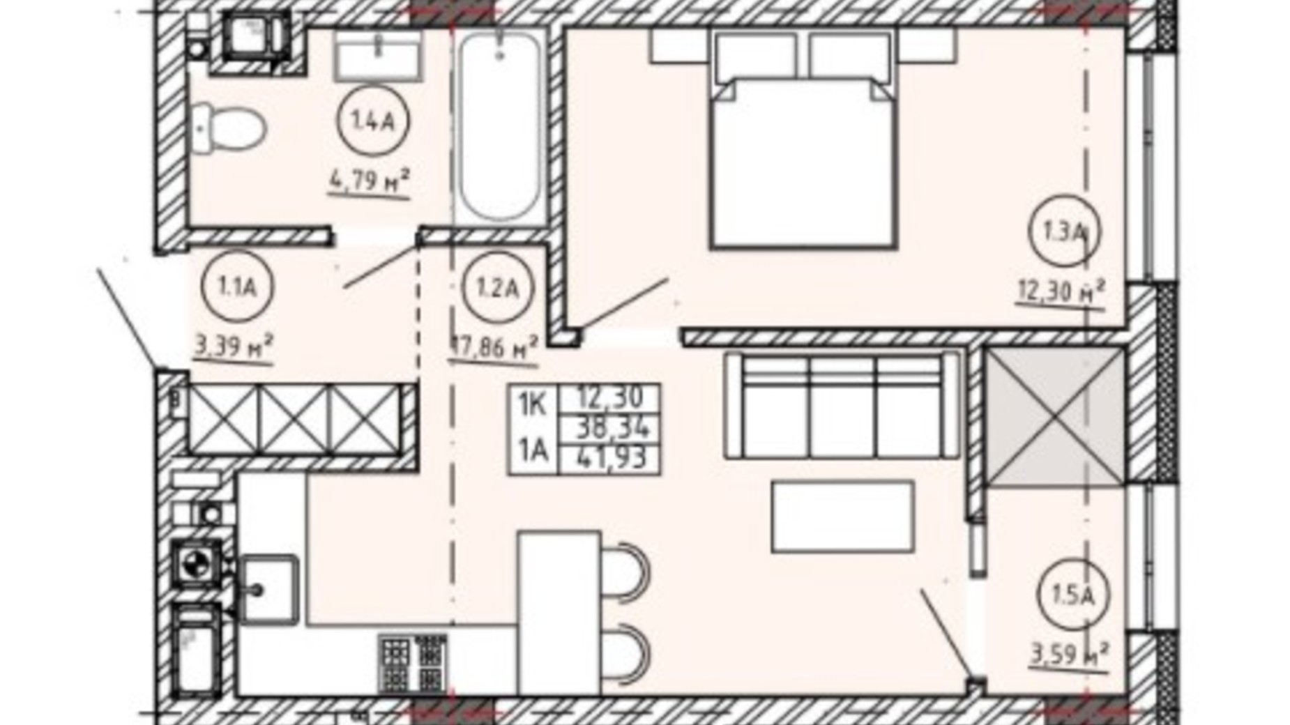 Планування 1-кімнатної квартири в ЖК Family House  41.93 м², фото 318978