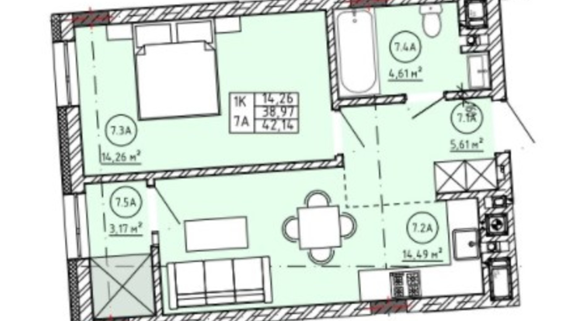 Планування 1-кімнатної квартири в ЖК Family House  42.14 м², фото 318979